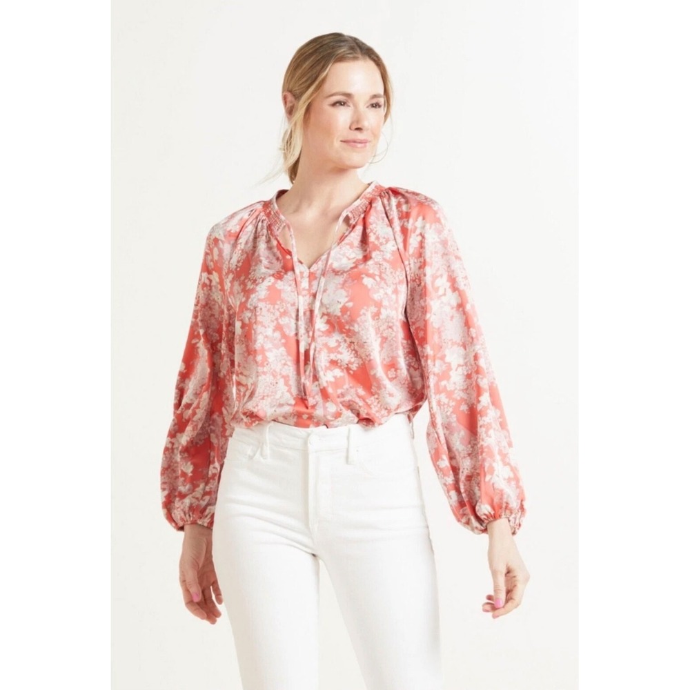 Evereve Keira Coral Pink Floral Smocked Neck Balloon Sleeve Blouse Size S Boho